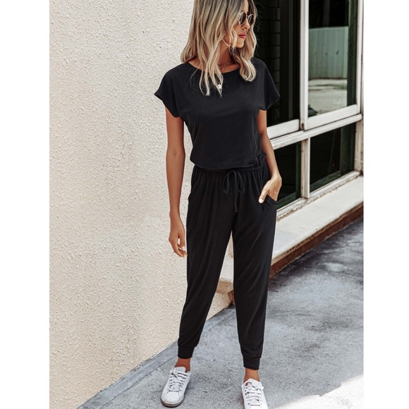 Casual Black Jumpsuit Drawstring Waist - Picture 7 of 17